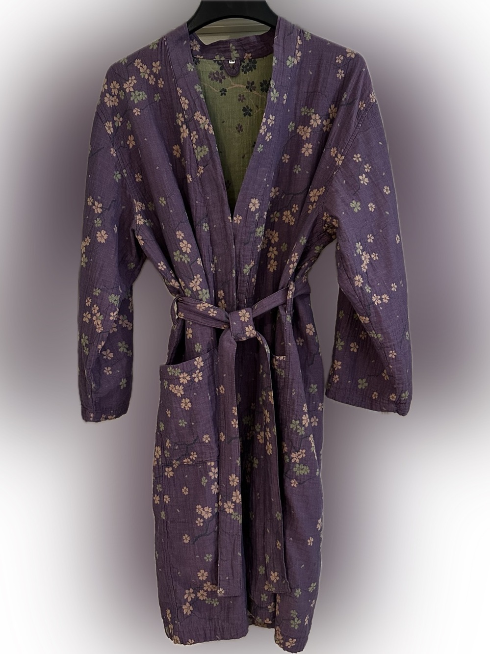 Women's 100%Cotton Floral Kimono Robe with Self-Tie Belt - Purple